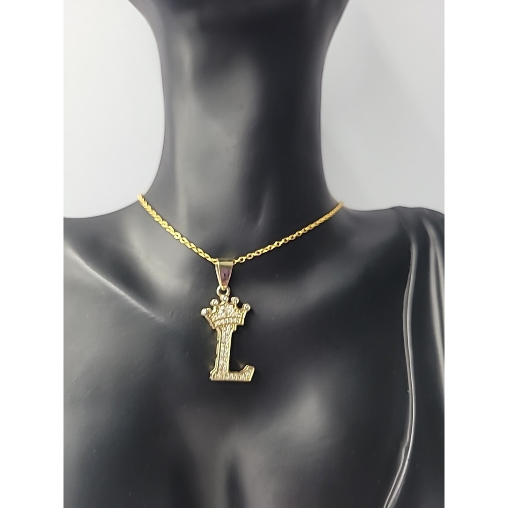 Vintage Gold Tone Crown Letter L Pendant Necklace Rhinestone‎ Bling Initial